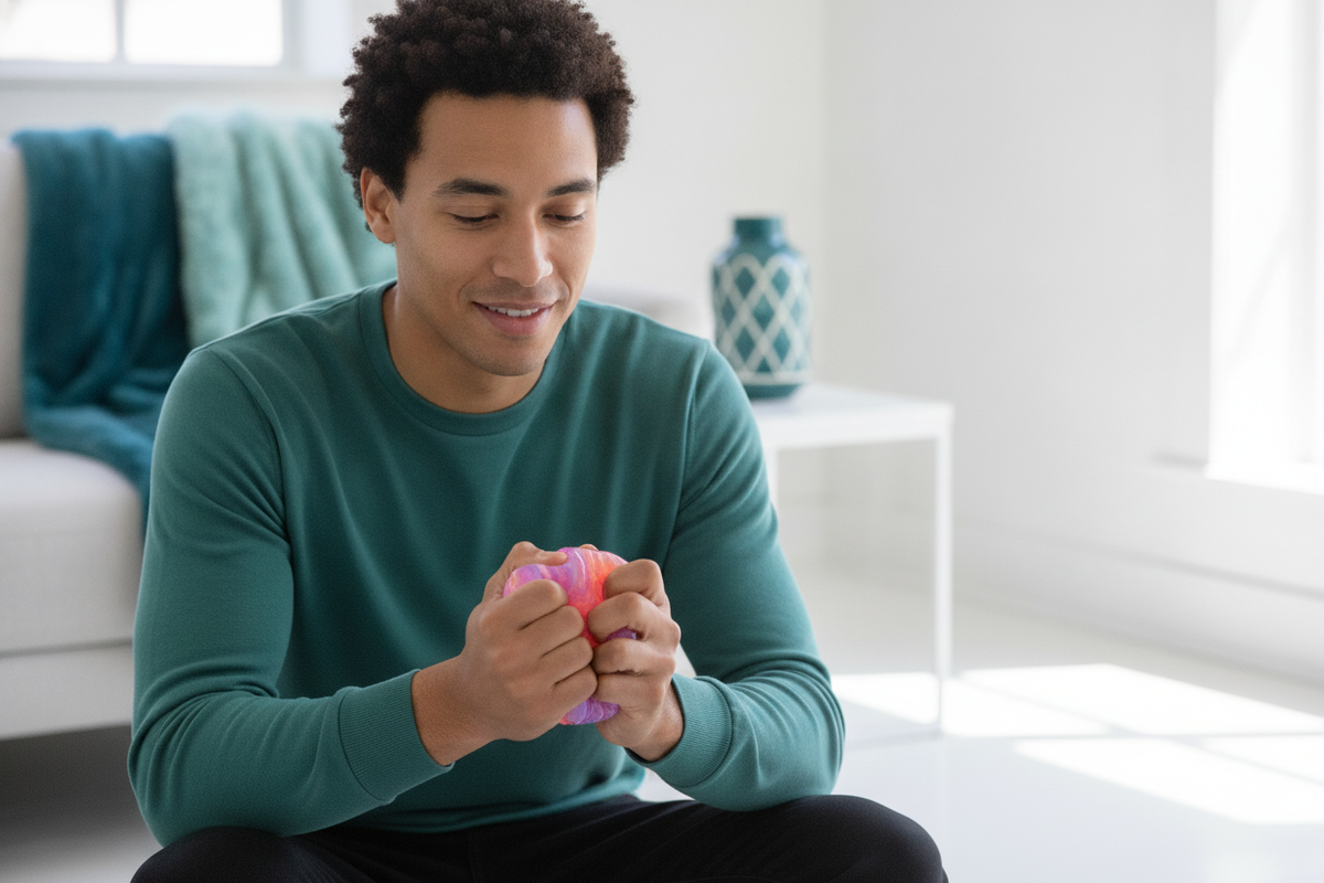 Person gently holding a frosted Rhyolite Candy Squish Cube, smiling peacefully in a calm, sunlit room with teal accents.